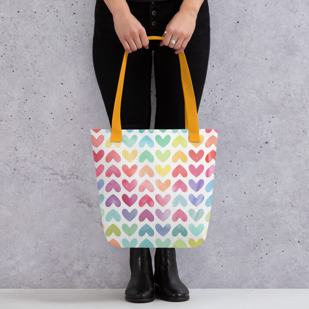 Rainbow Watercolor Hearts Tote bag- reusable bags - shopping bag - grocery bags - day bag - travel bag - beach - gift ideas