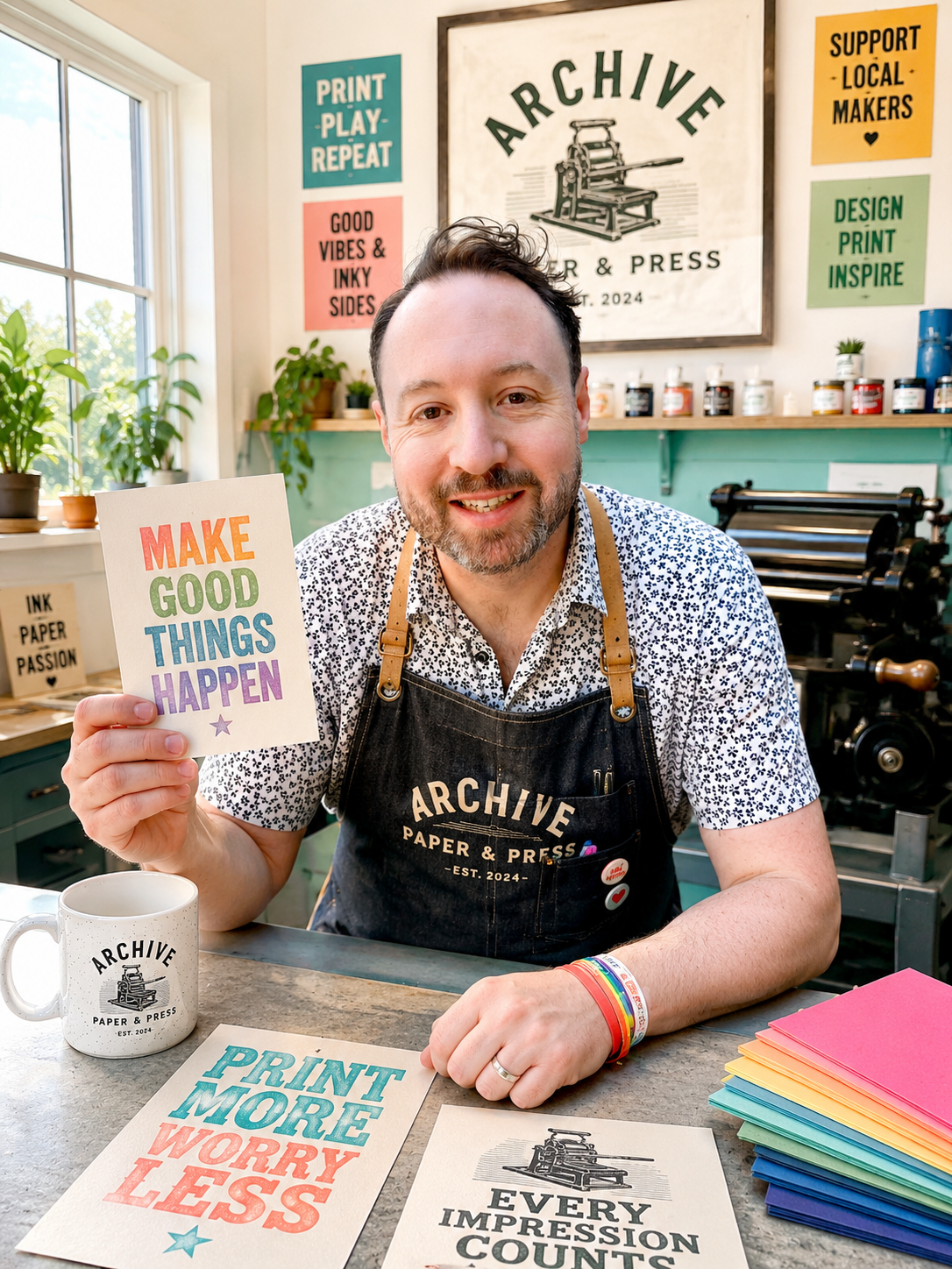 Founder of Archive Paper & Press at the studio workbench with printed cards and colorful paper stock