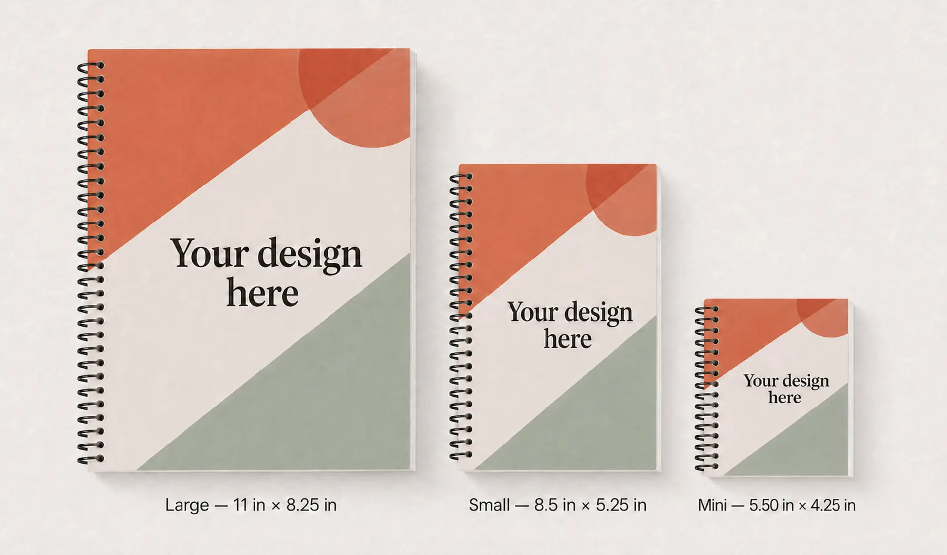 Three custom spiral notebook sizes shown side by side with printed covers
