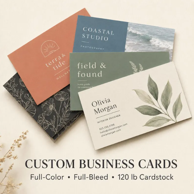 Custom printed business cards stacked on a pale background